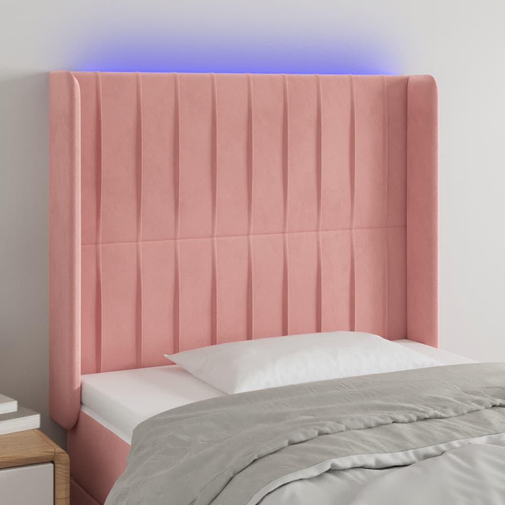 vidaXL Cabeceira de cama c/ luzes LED veludo 93x16x118/128 cm rosa