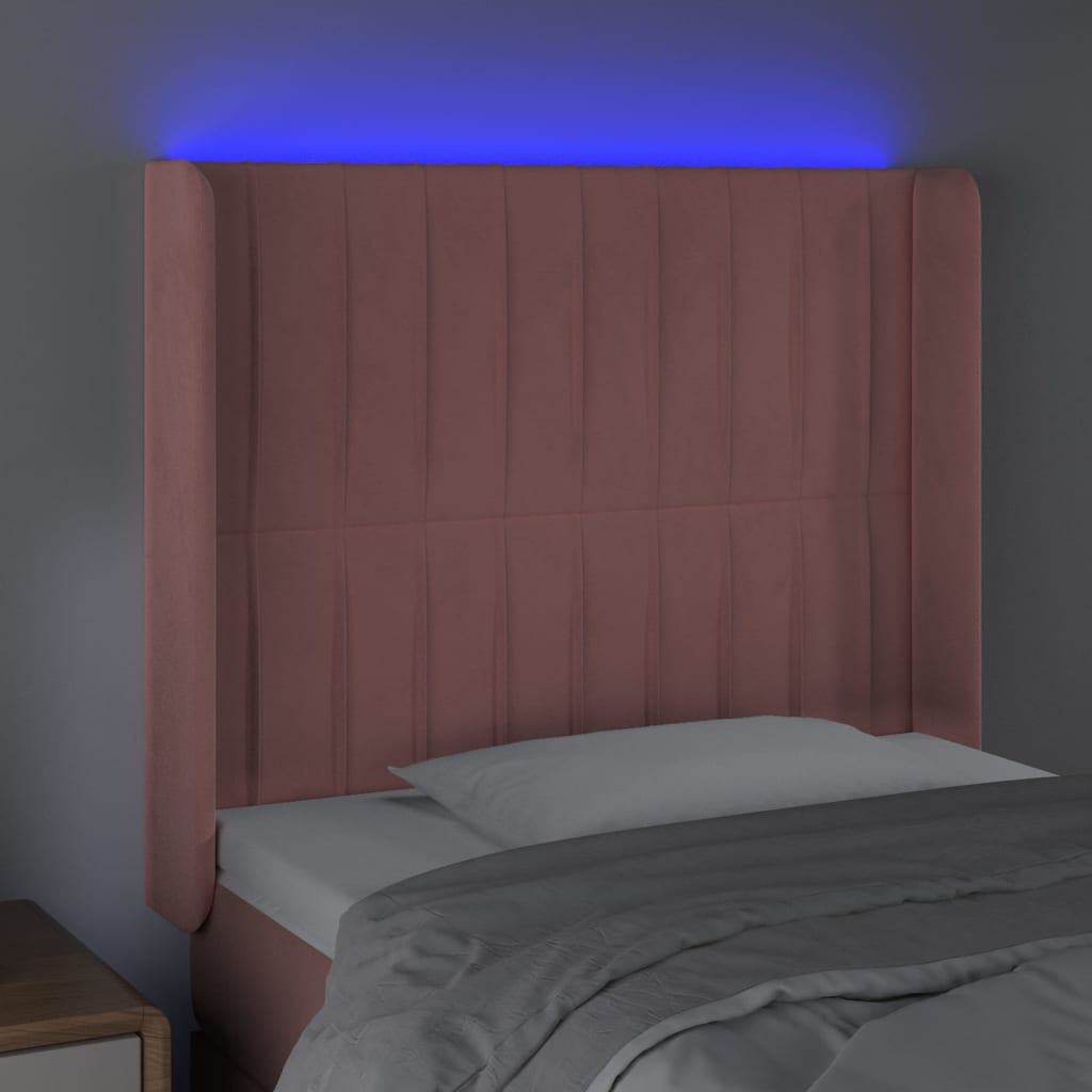 vidaXL Cabeceira de cama c/ luzes LED veludo 93x16x118/128 cm rosa