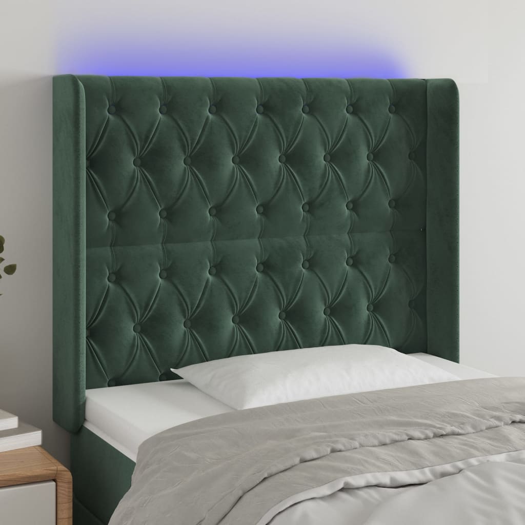 vidaXL Cabeceira cama c/ luzes LED veludo 93x16x118/128cm verde-escuro