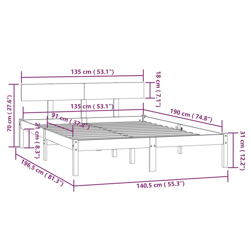 vidaXL Estrutura de cama casal 135x190 cm pinho maciço castanho-mel