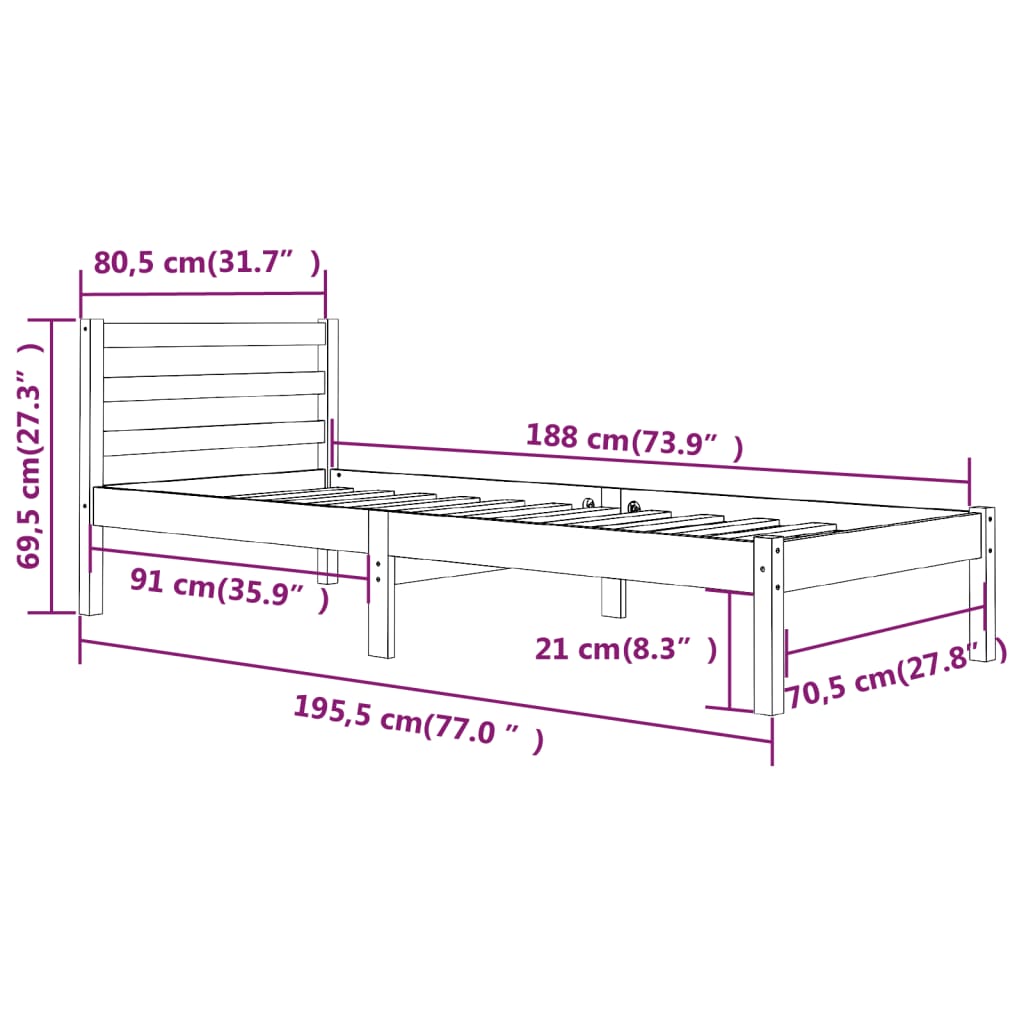 vidaXL Estrutura de cama pequena solteiro 75x190cm pinho maciço branco