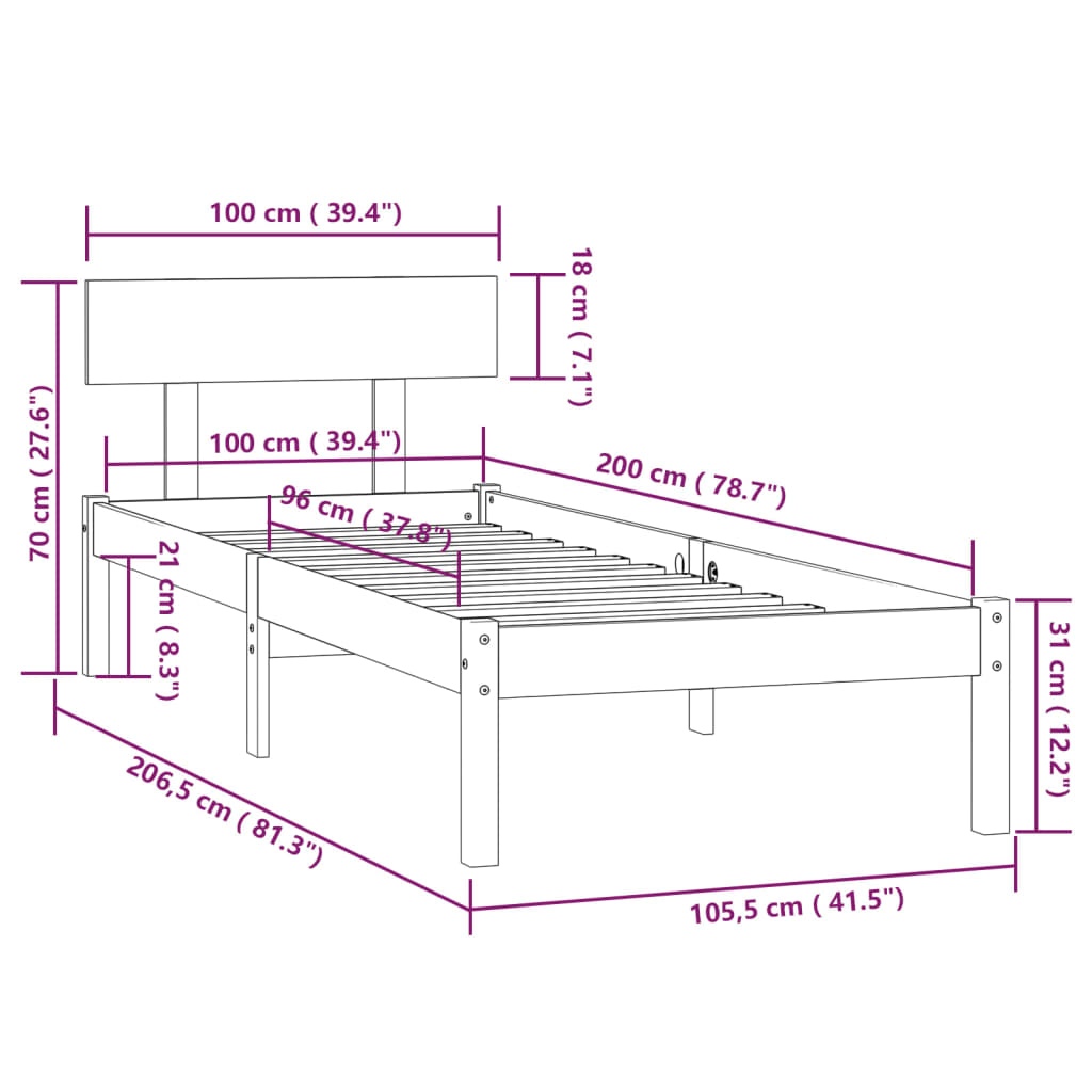 vidaXL Estrutura de cama 100x200 cm pinho maciço branco