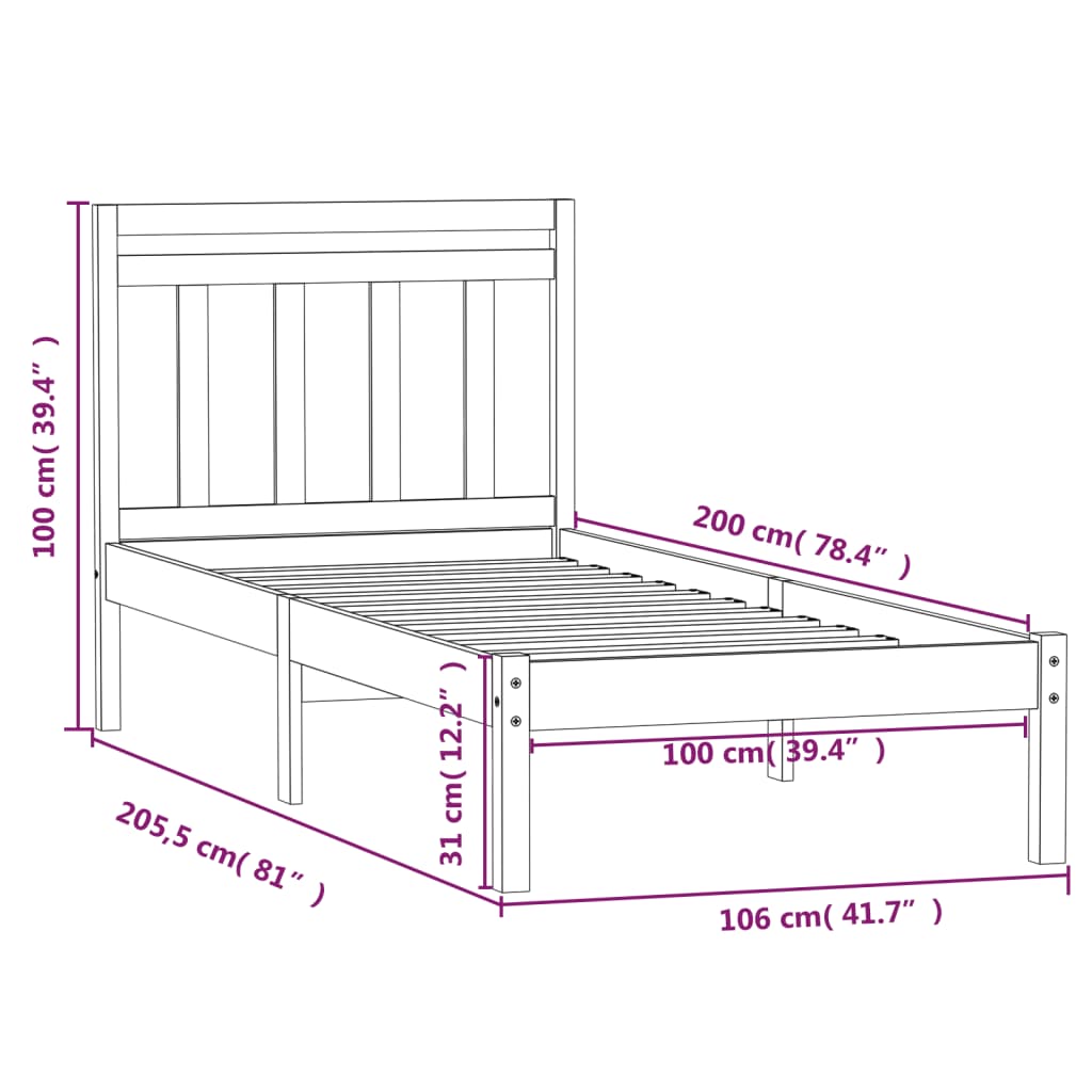 vidaXL Estrutura de cama 100x200 cm pinho maciço