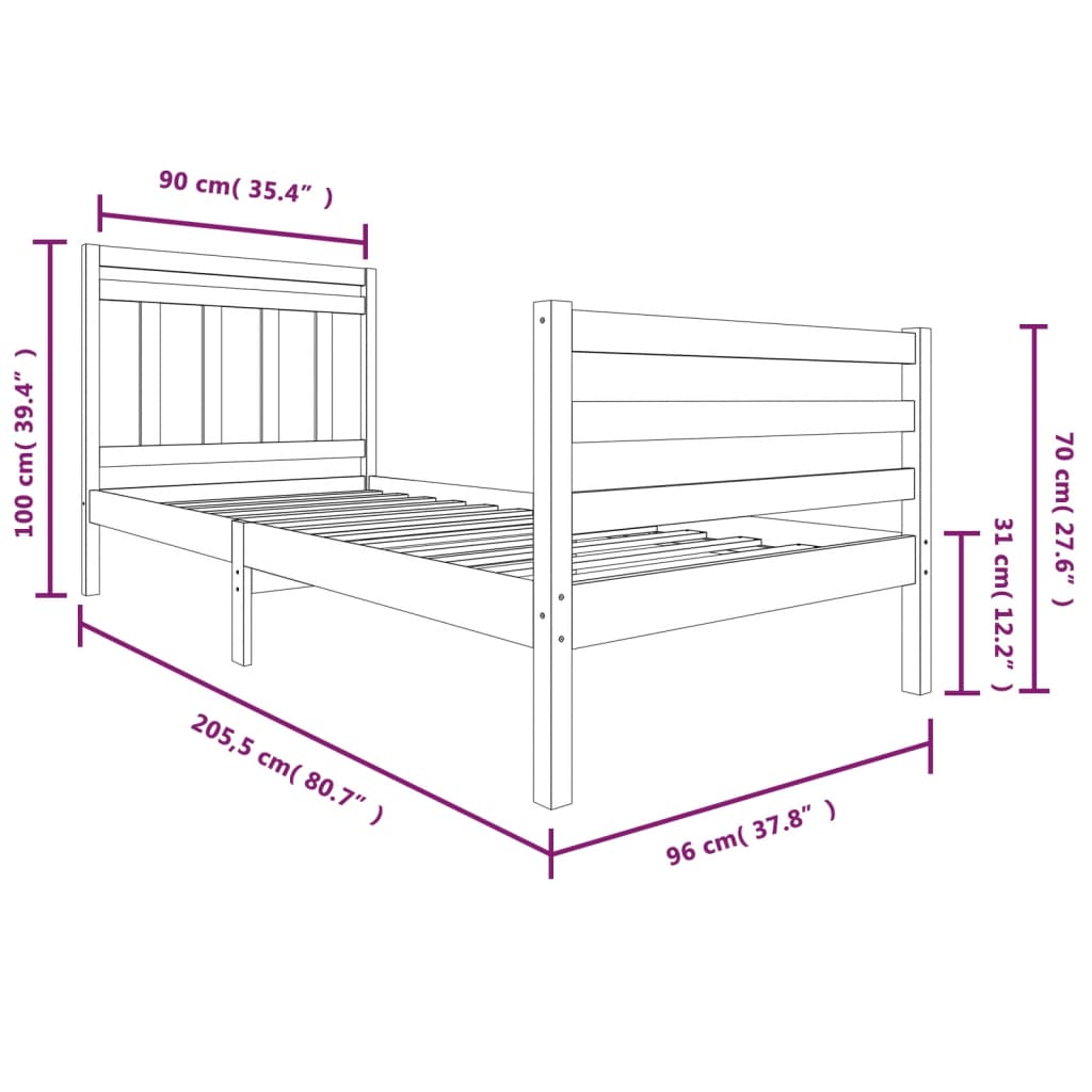 vidaXL Estrutura cama de solteiro 90x200 cm madeira maciça cinza