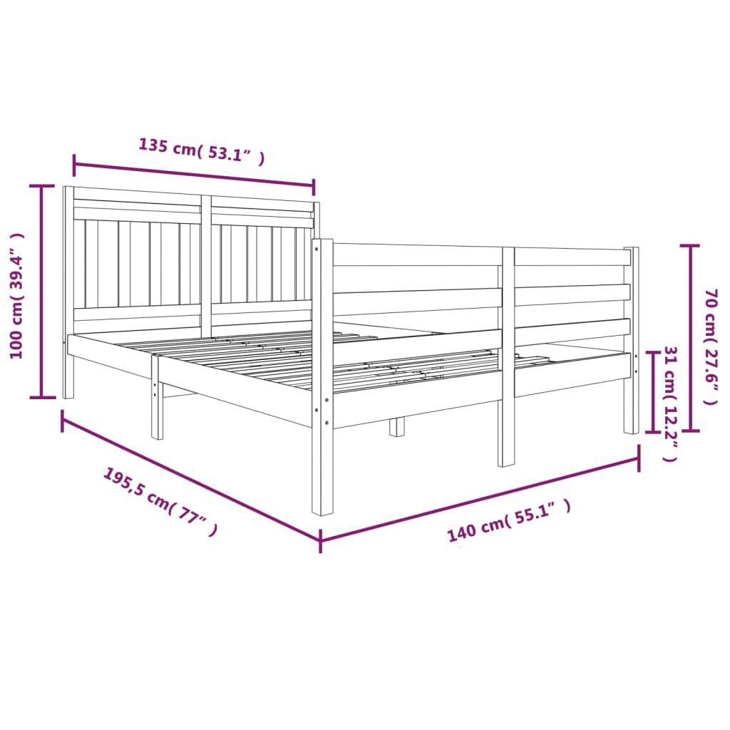 vidaXL Estrutura de cama casal 135x190 cm madeira maciça