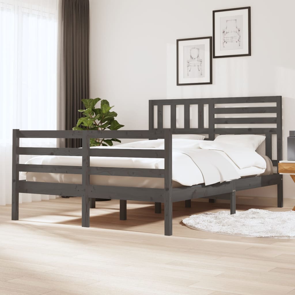 vidaXL Estrutura de cama casal 135x190 cm madeira maciça cinzento