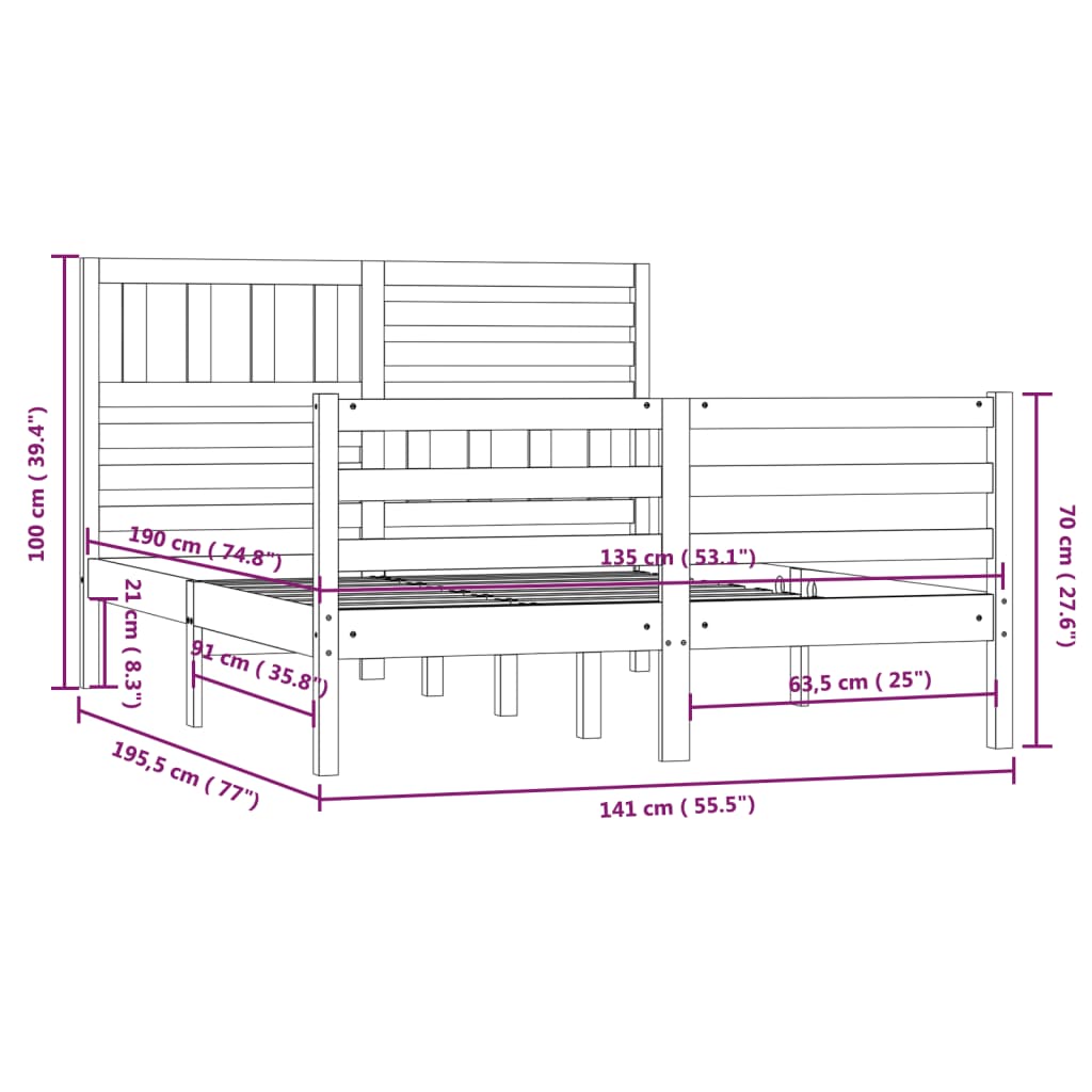 vidaXL Estrutura de cama casal 135x190 cm madeira maciça cinzento