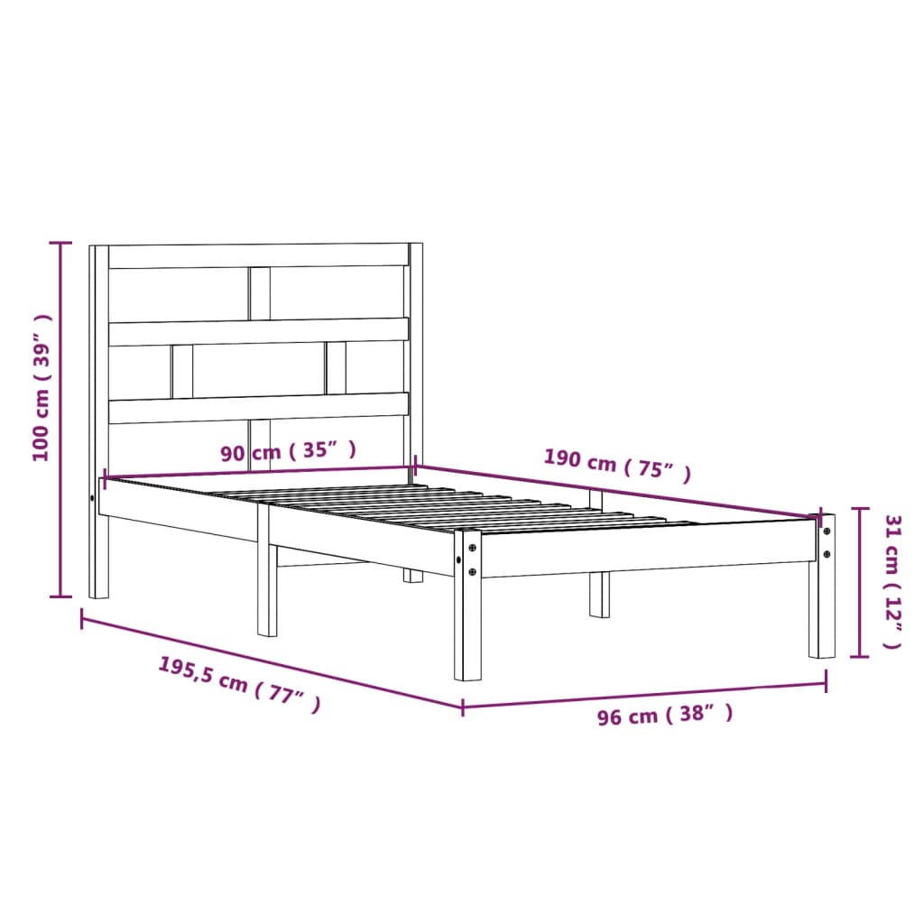 vidaXL Estrutura de cama solteiro 90x190 cm madeira maciça