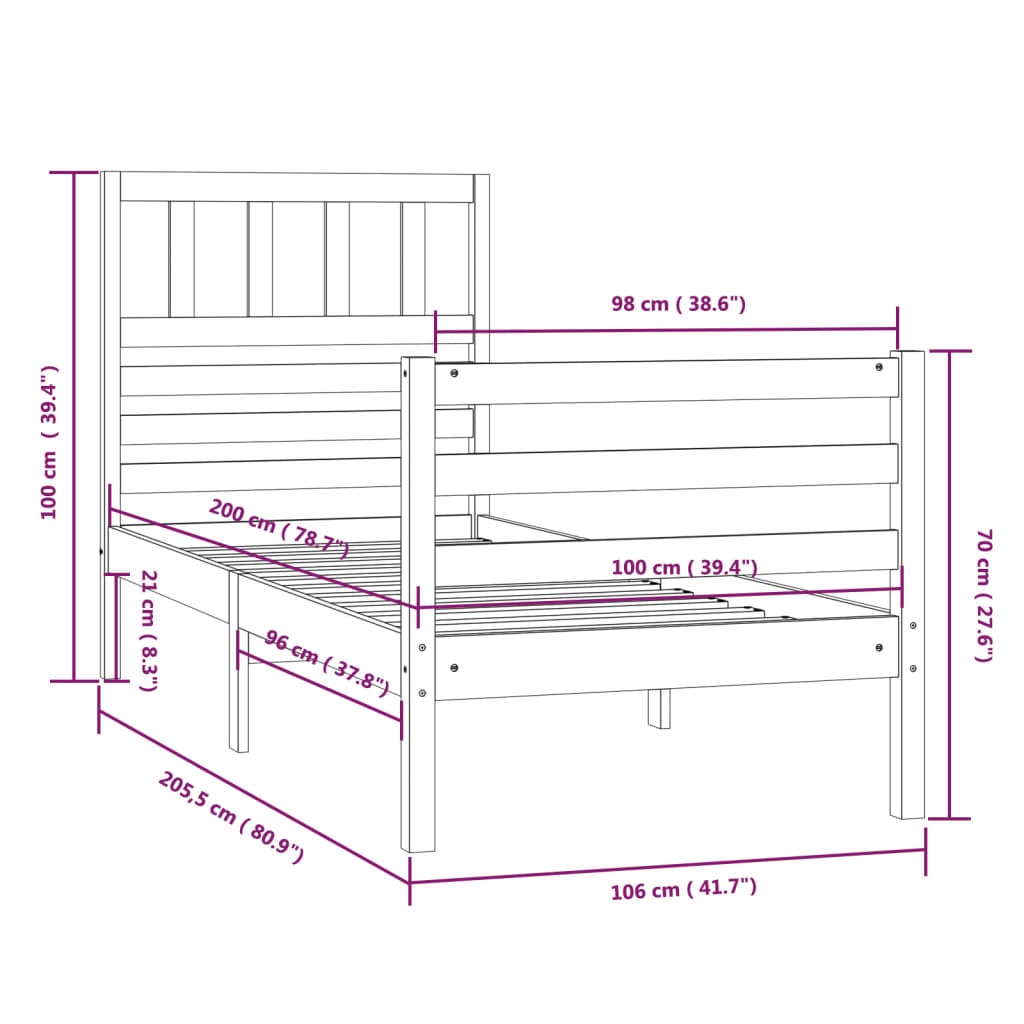 vidaXL Estrutura de cama 100x200 cm madeira maciça