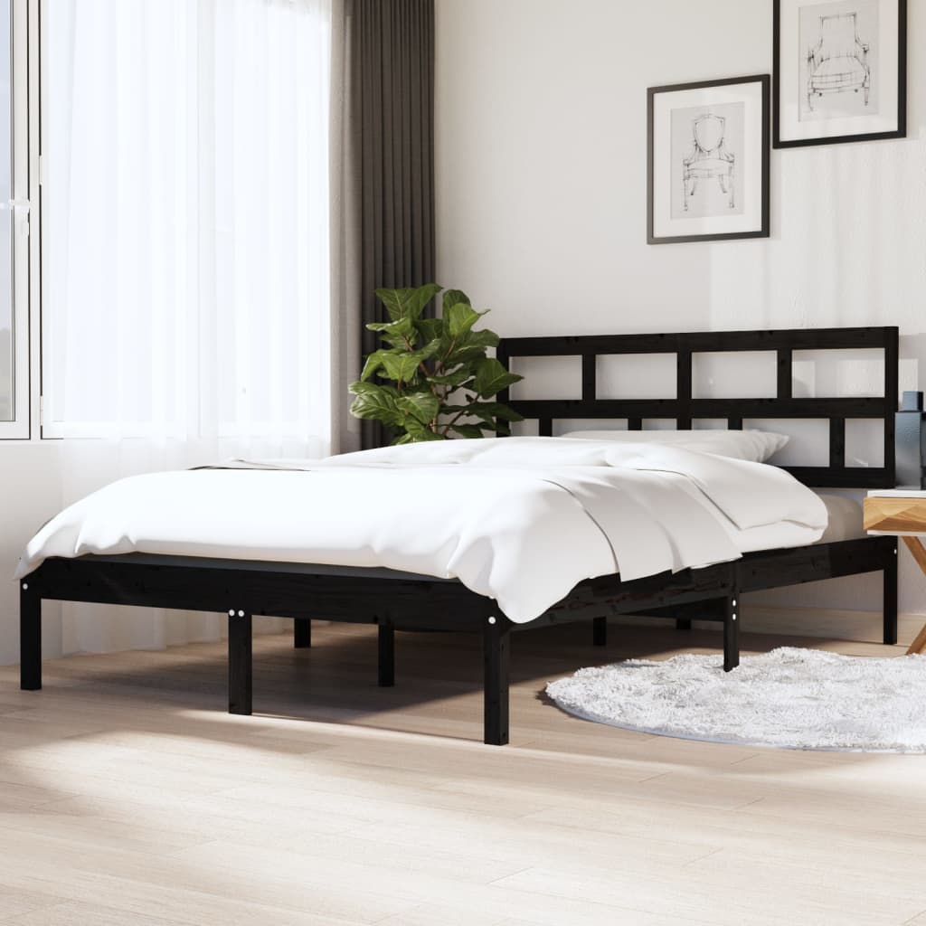 vidaXL Estrutura de cama casal 135x190 cm madeira maciça preto