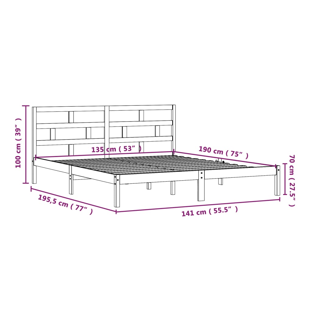 vidaXL Estrutura de cama casal 135x190 cm madeira maciça preto