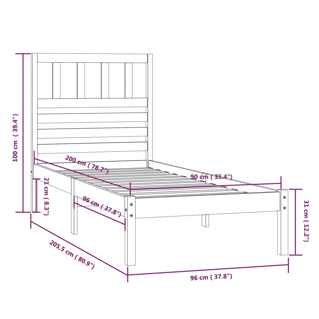 vidaXL Estrutura cama solteiro 90x200 cm pinho maciço cinzento