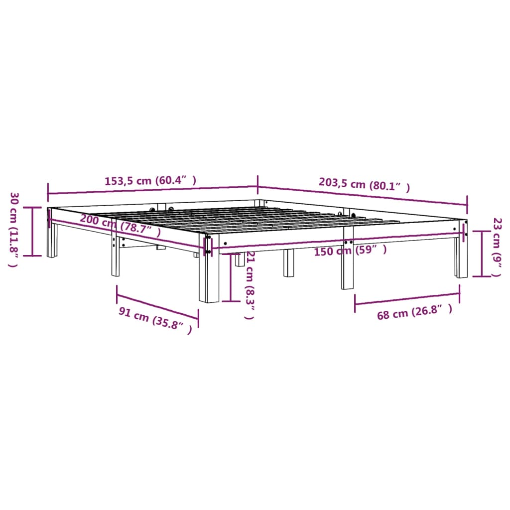 vidaXL Estrutura de cama king 150x200 cm madeira maciça