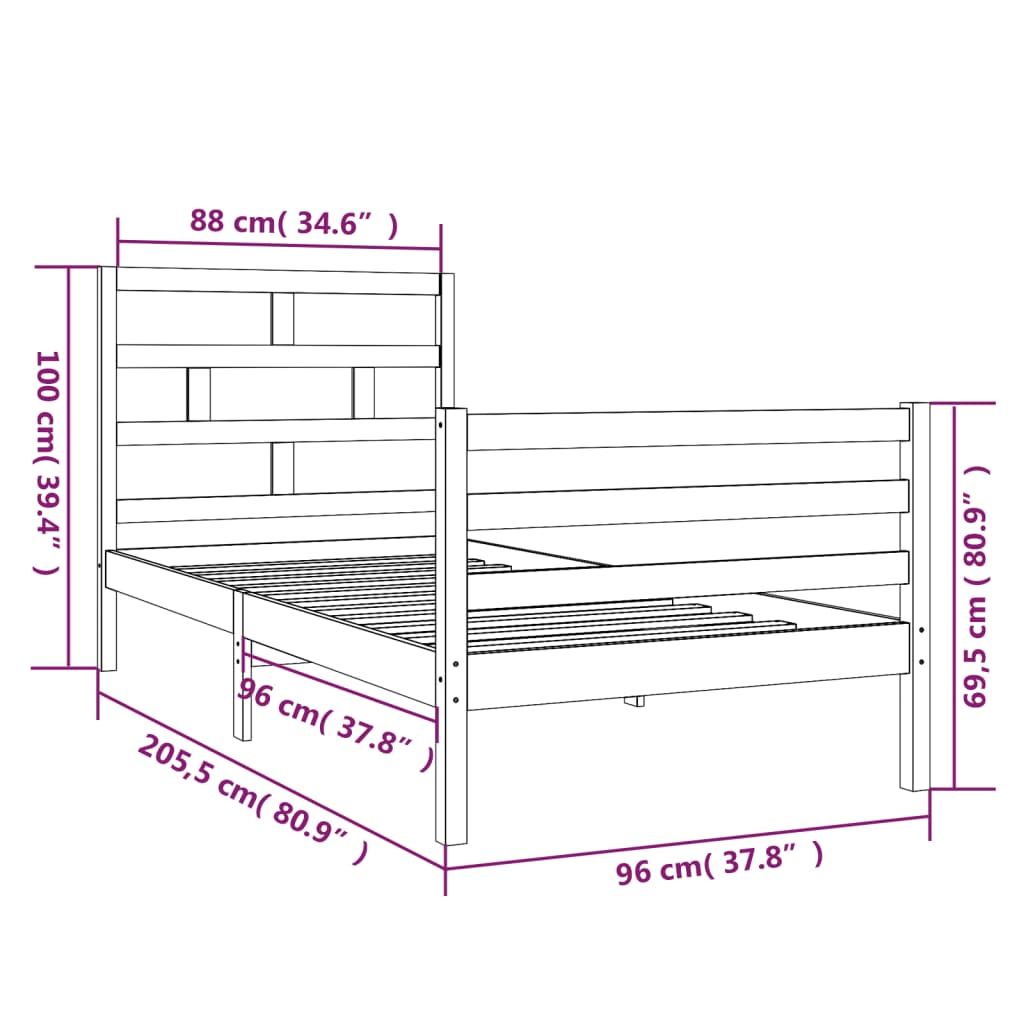 vidaXL Estrutura de cama 90x200 cm madeira de pinho maciça preto