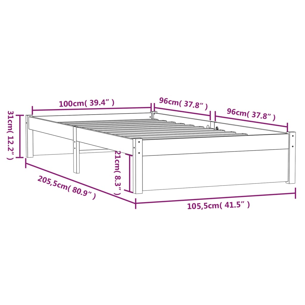 vidaXL Estrutura de cama 100x200 cm madeira maciça cinzento