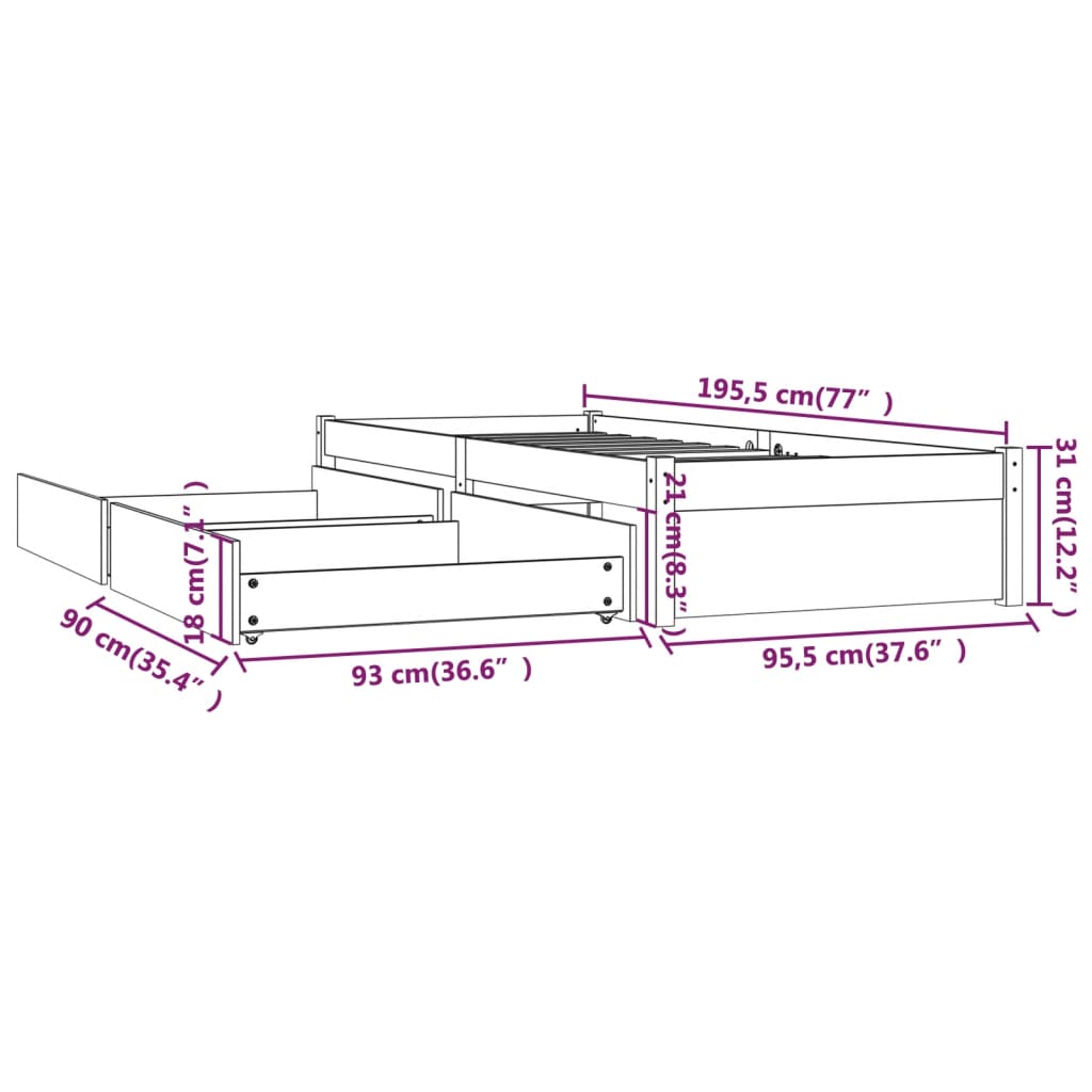 vidaXL Estrutura de cama c/ gavetas 90x190 cm Single cinzento