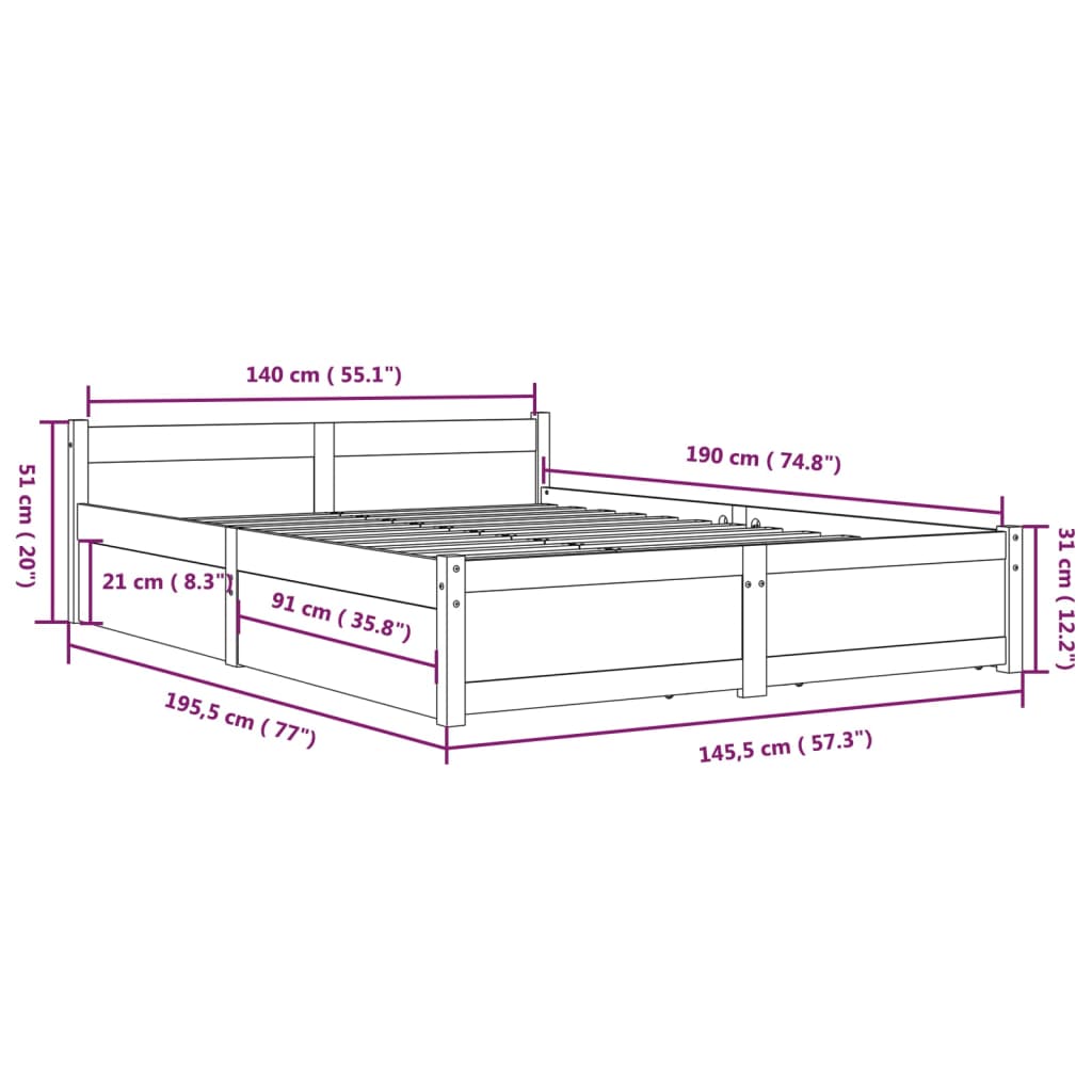 vidaXL Estrutura de cama c/ gavetas 140x190 cm branco