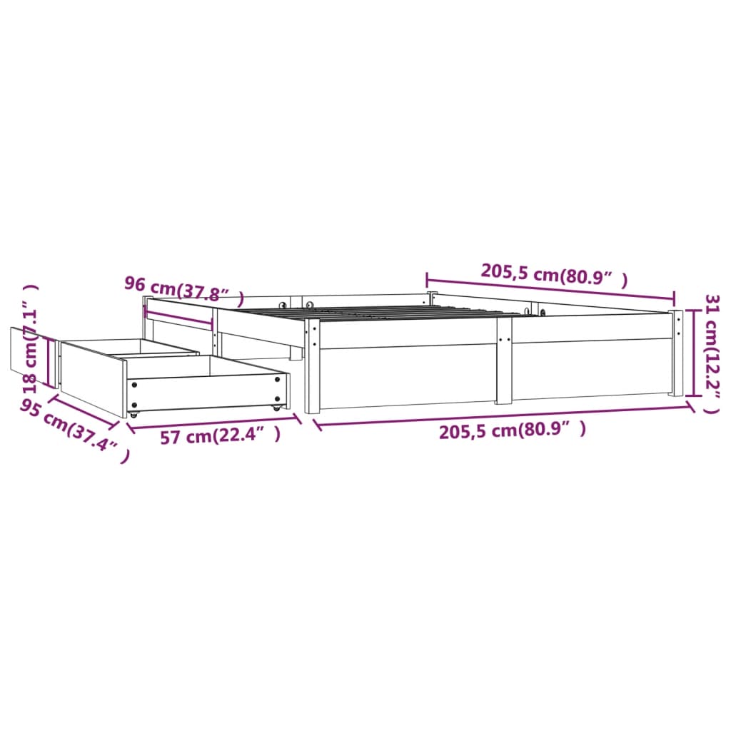 vidaXL Estrutura de cama com gavetas 200x200 cm