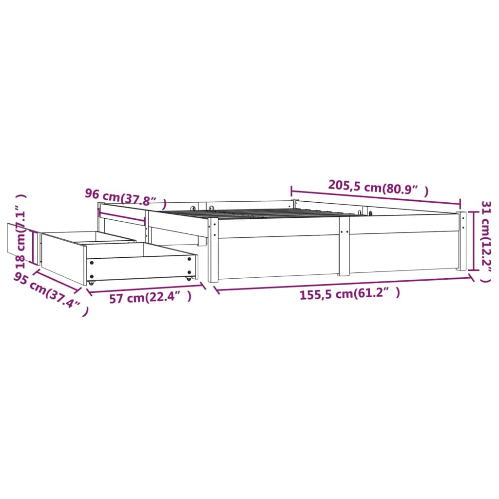 vidaXL Estrutura de cama com gavetas 150x200cm tamanho King branco