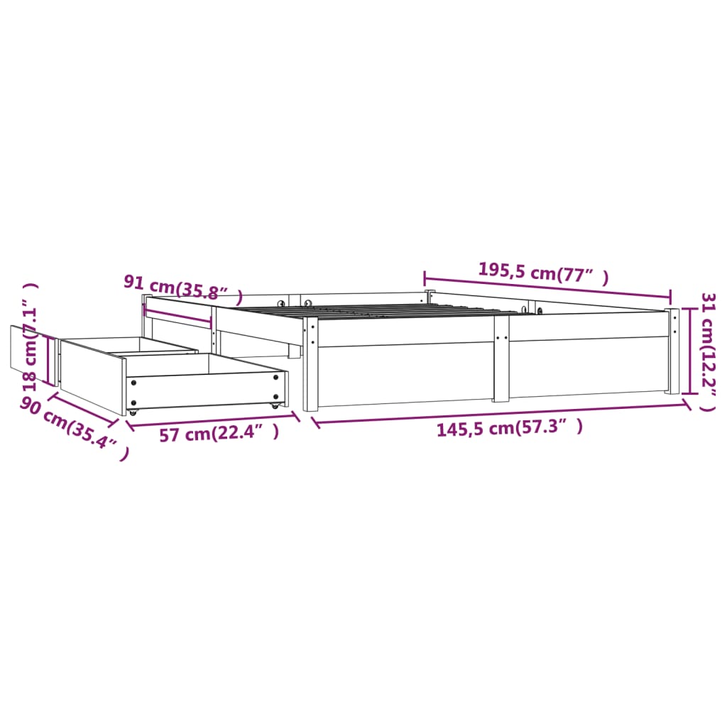 vidaXL Estrutura de cama c/ gavetas 140x190 cm branco