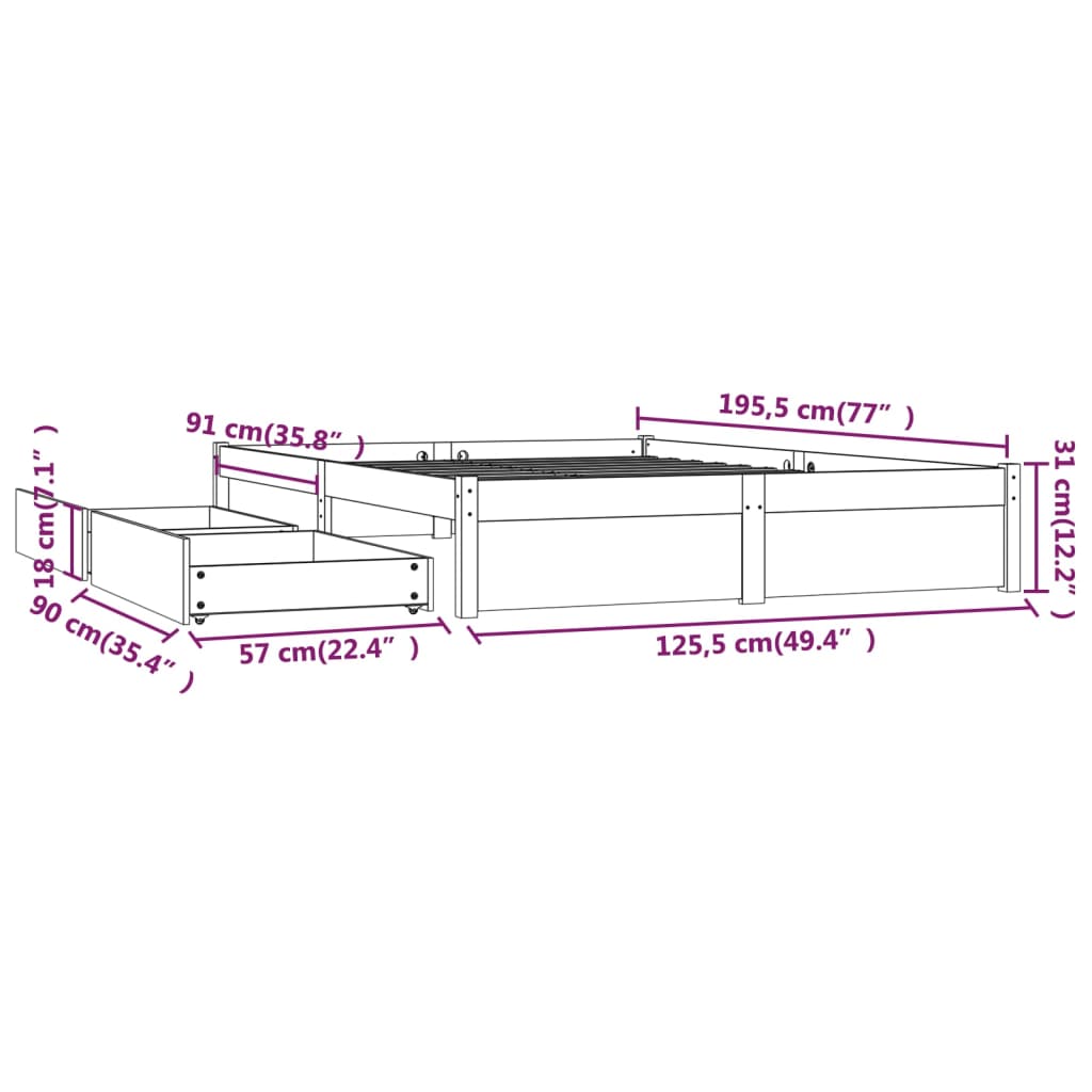 vidaXL Estrutura de cama c/ gavetas 120x190 cm pequena casal preto