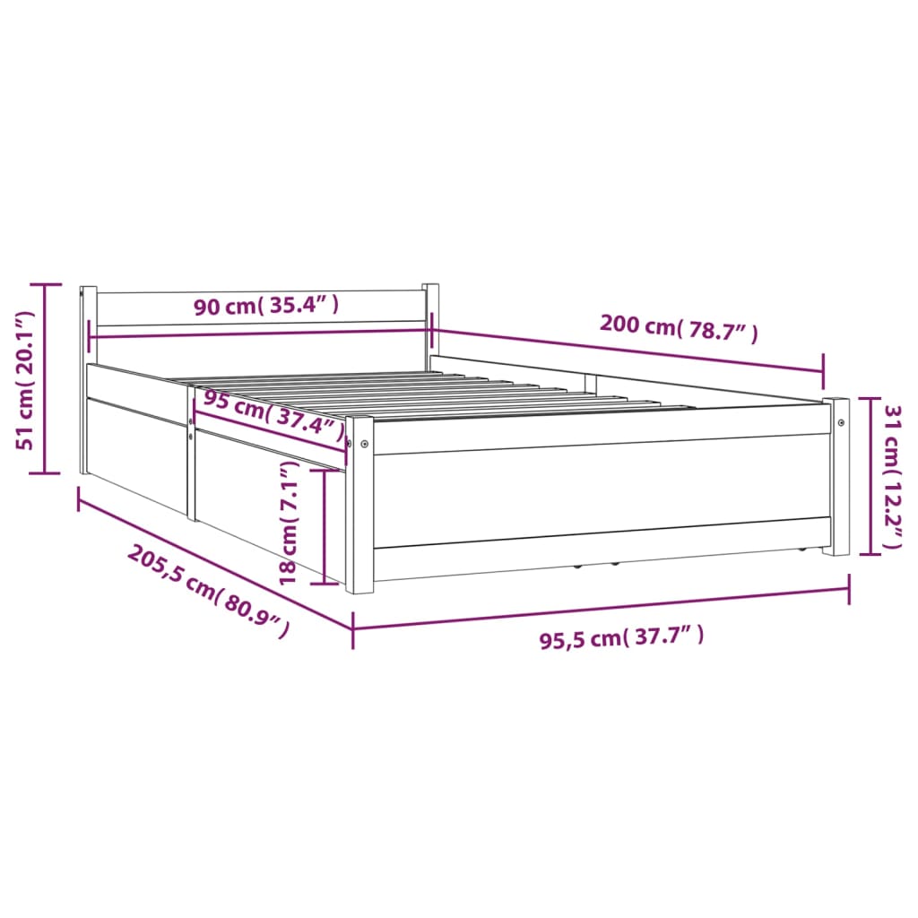 vidaXL Estrutura de cama com gavetas 90x200 cm