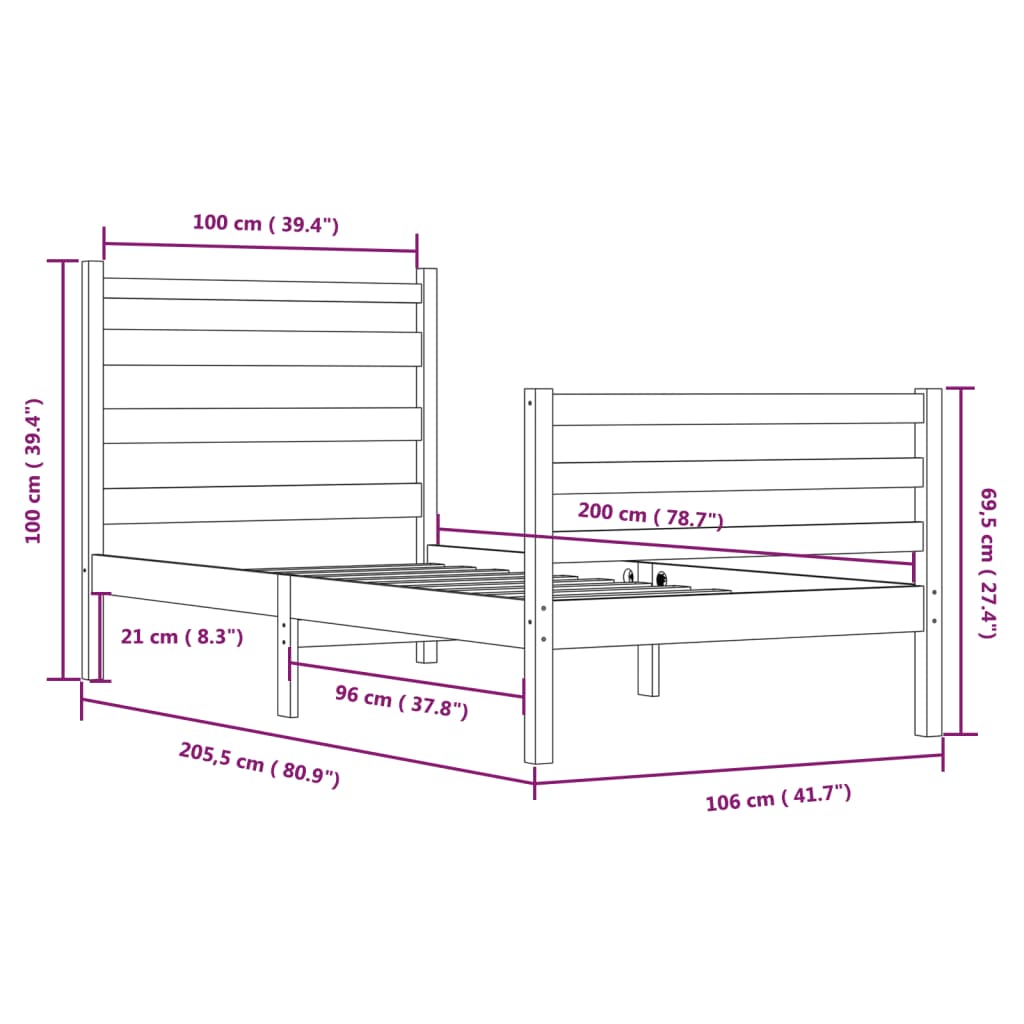 vidaXL Estrutura de cama 100x200 cm pinho maciço preto