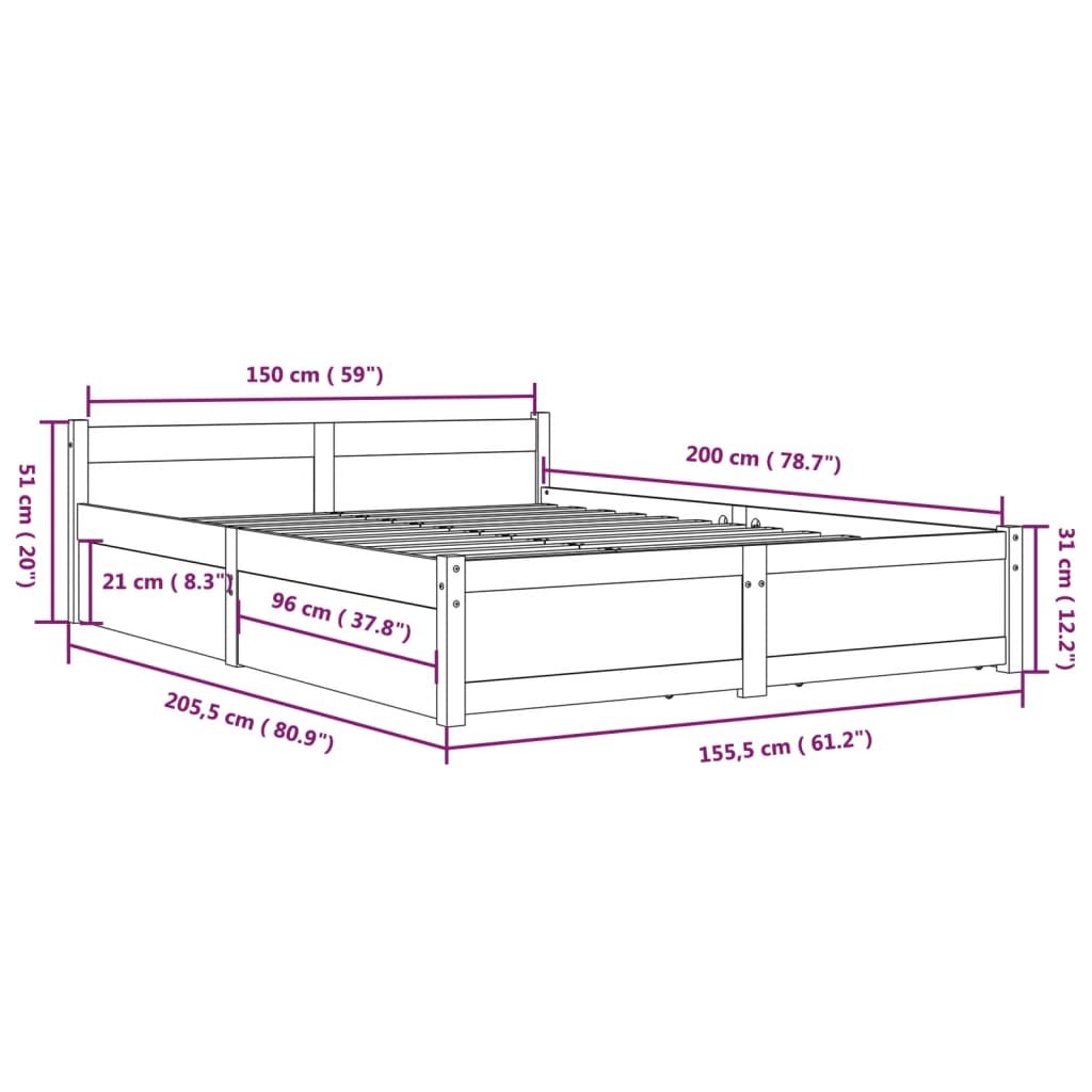 vidaXL Estrutura de cama com gavetas 150x200cm tamanho King branco