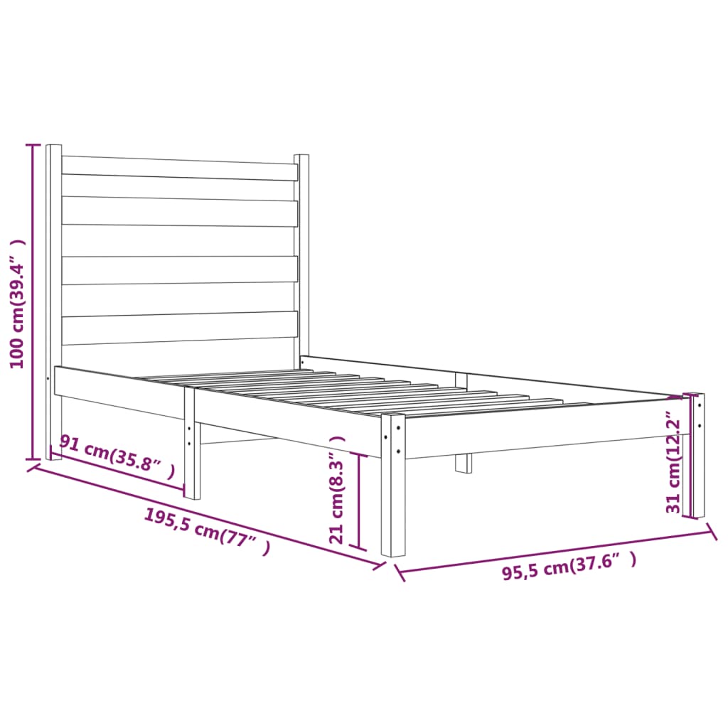 vidaXL Estrutura de cama solteiro 90x190 cm pinho maciço branco