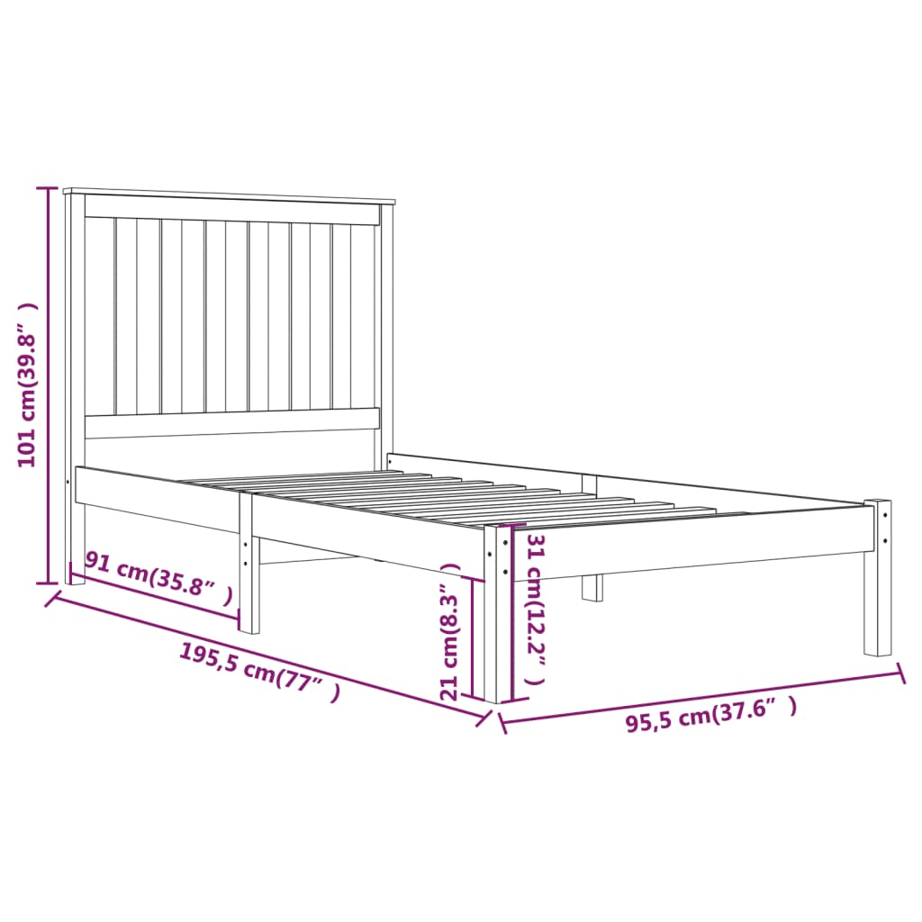 vidaXL Estrutura de cama solteiro 90x190 cm pinho maciço