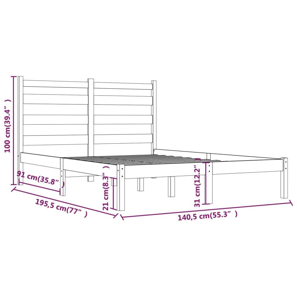 vidaXL Estrutura de cama casal 135x190 cm pinho maciço