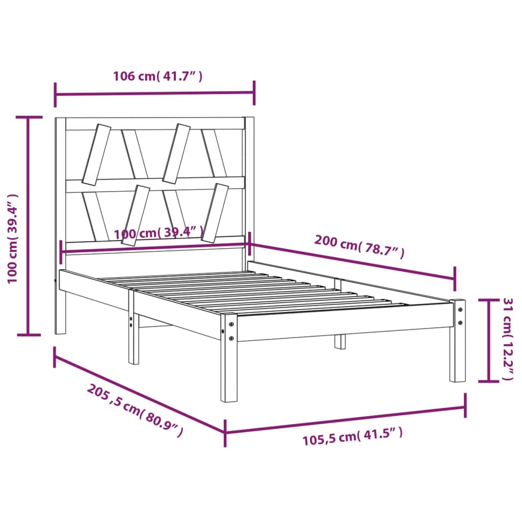 vidaXL Estrutura de cama 100x200 cm pinho maciço preto