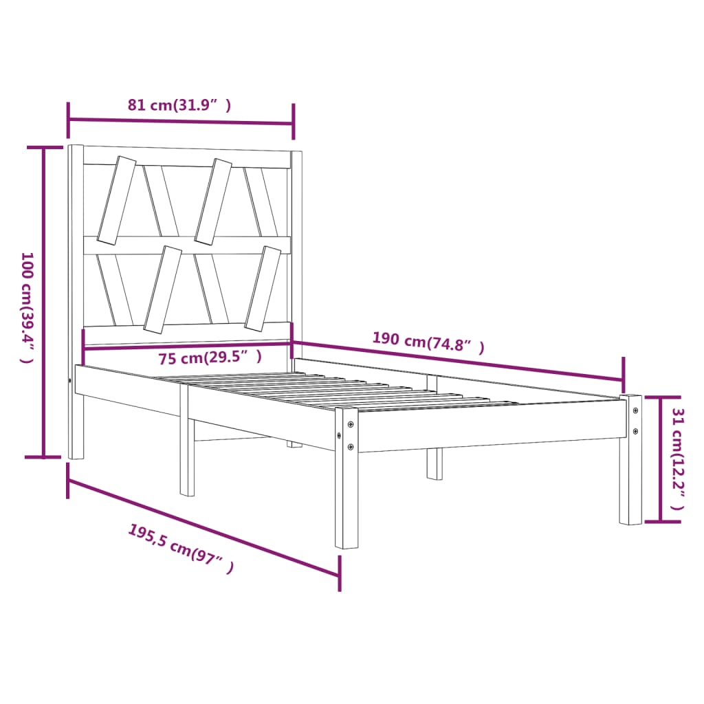 vidaXL Estrutura de cama pequena solteiro 75x190cm pinho maciço branco