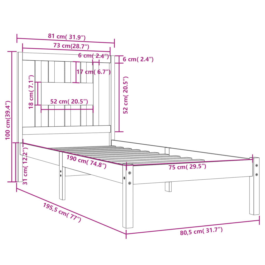 vidaXL Estrutura cama pequena solteiro 75x190 cm madeira castanho mel