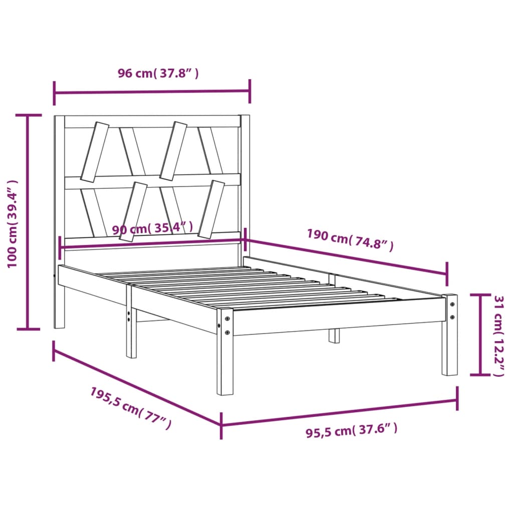 vidaXL Estrutura de cama solteiro 90x190 cm pinho maciço preto