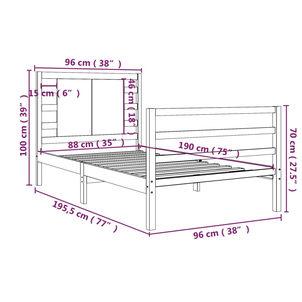 vidaXL Estrutura de cama solteiro 90x190 cm pinho maciço cinza