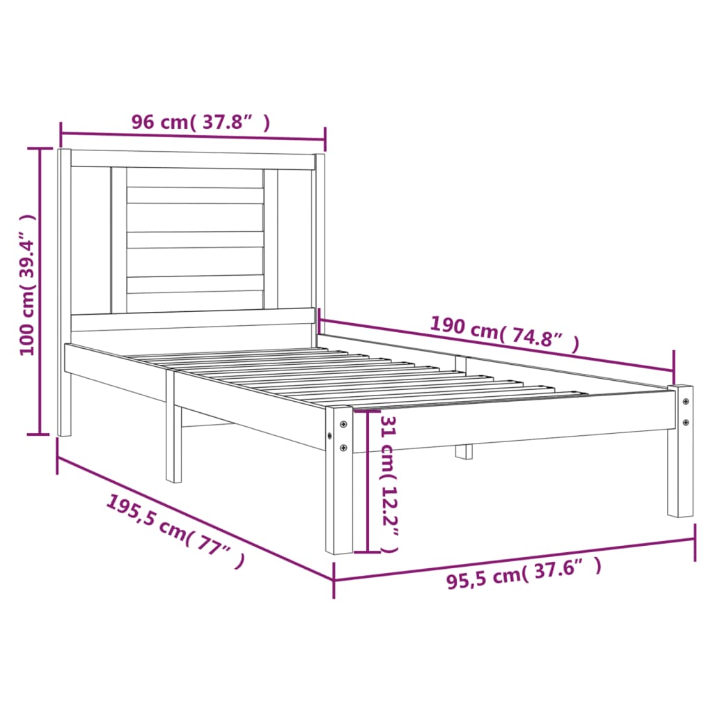 vidaXL Estrutura de cama solteiro 90x190 cm pinho maciço preto