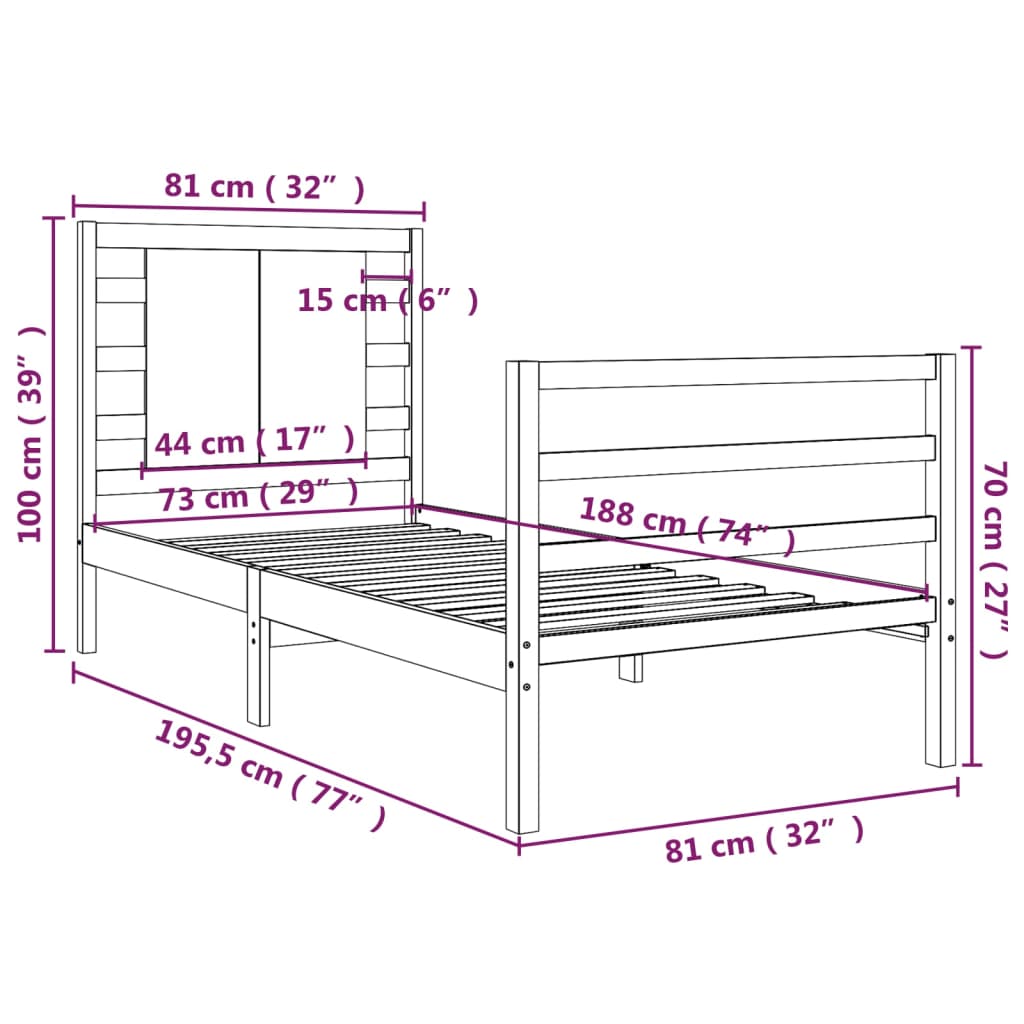 vidaXL Estrutura de cama pequena solteiro 75x190cm pinho maciço branco