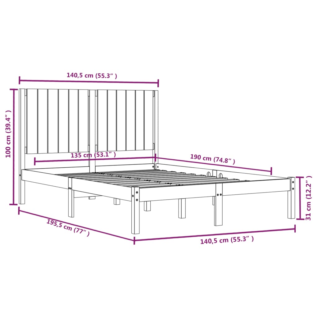 vidaXL Estrutura de cama casal 135x190 cm pinho maciço