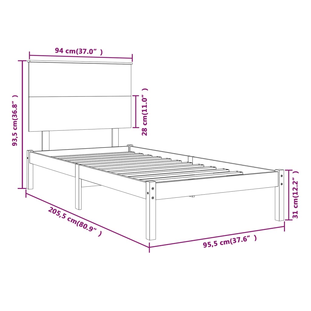 vidaXL Estrutura de cama 90 x 200 cm pinho maciço