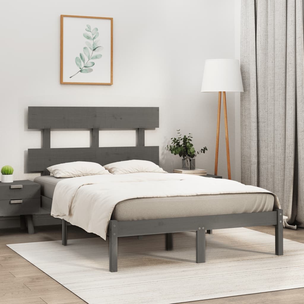 vidaXL Estrutura de cama casal 135x190 cm madeira maciça cinzento