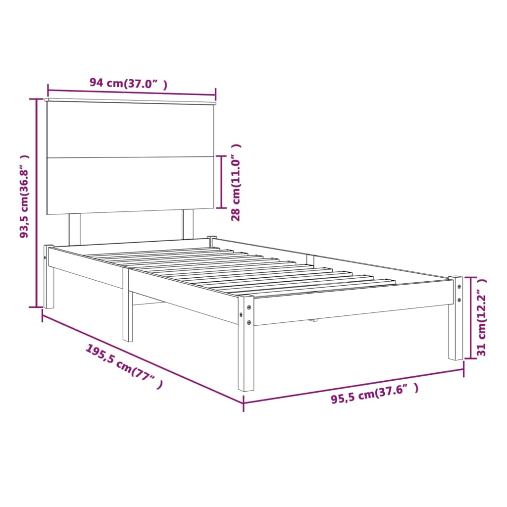 vidaXL Estrutura de cama solteiro 90x190 cm madeira maciça branco