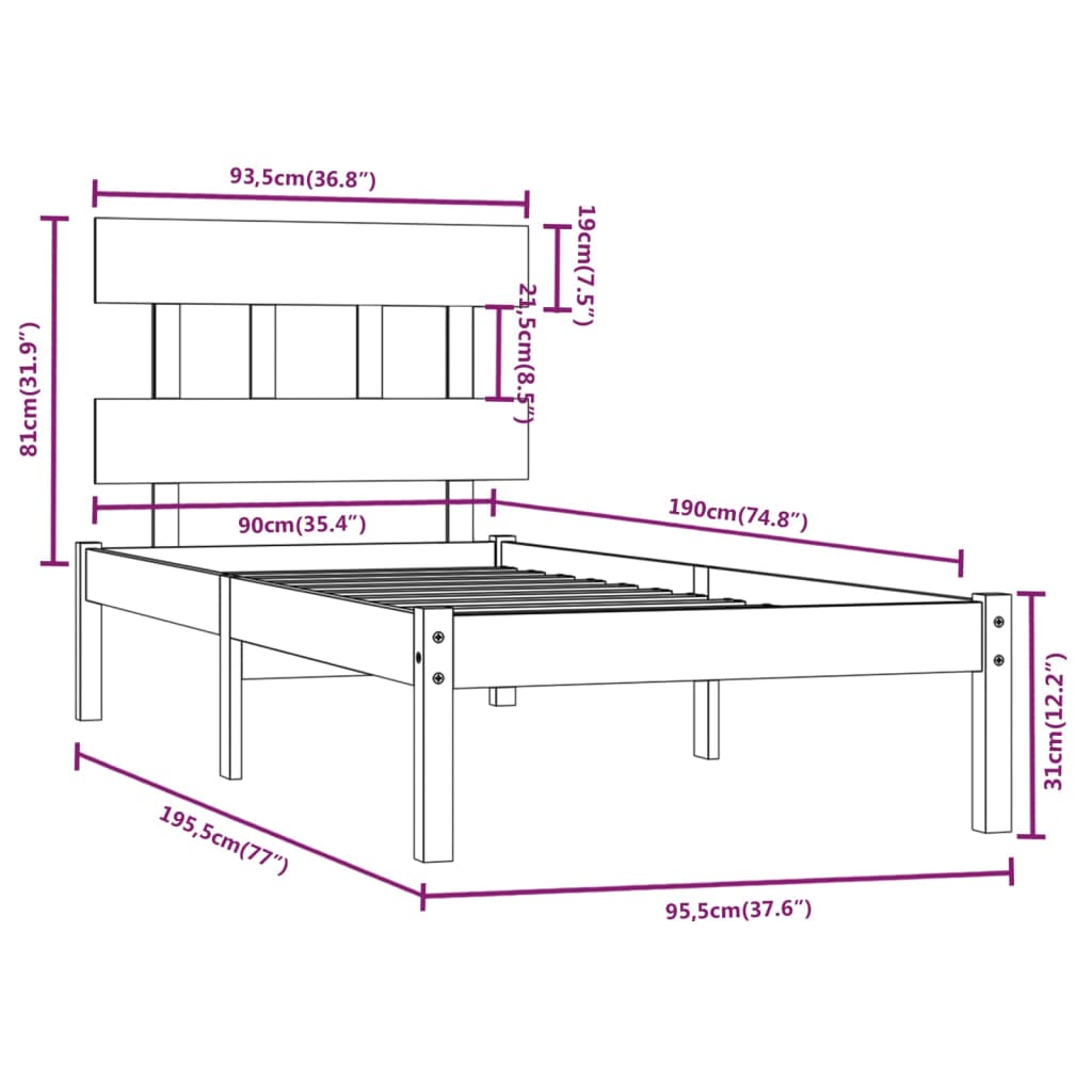 vidaXL Estrutura de cama solteiro 90x190 cm madeira maciça