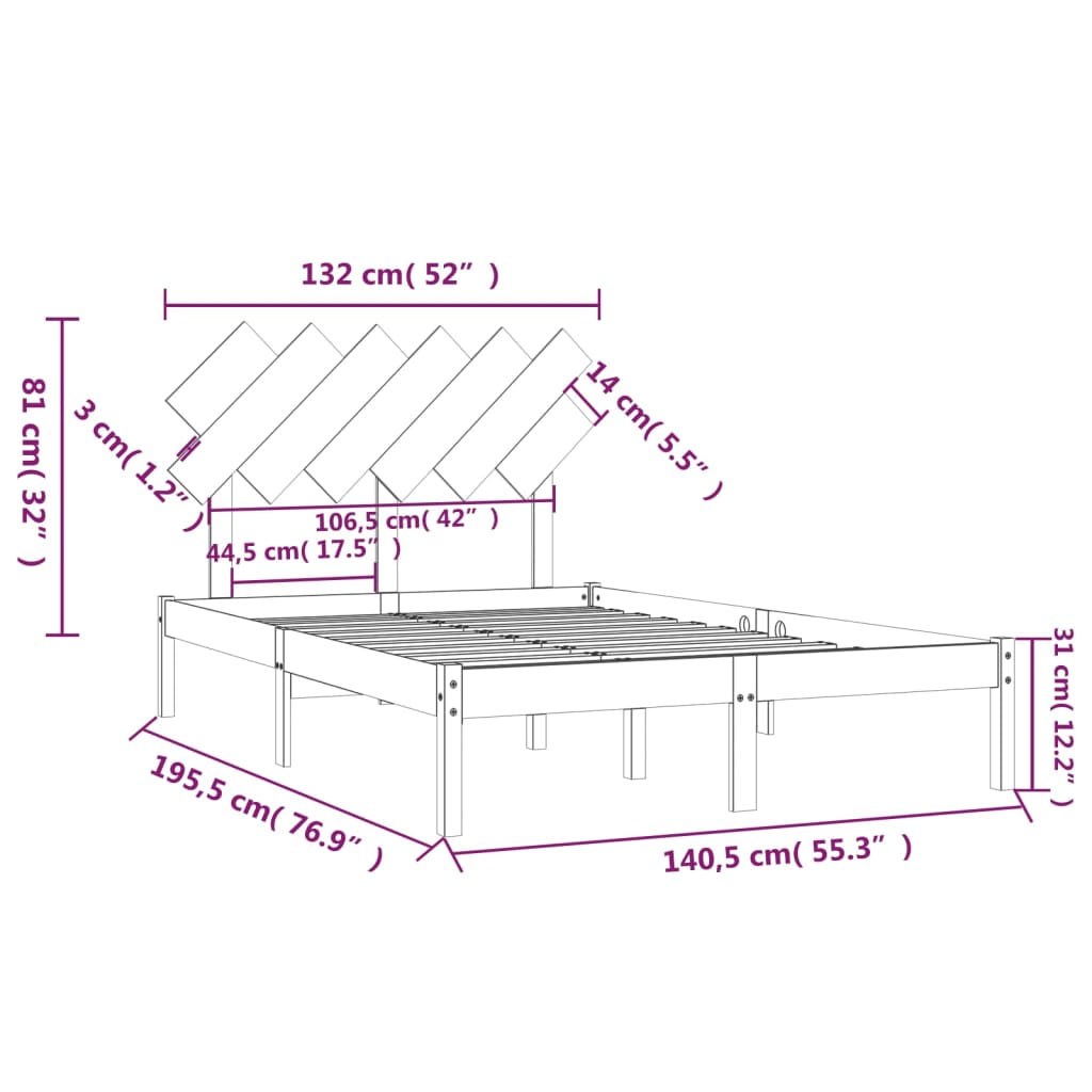 vidaXL Estrutura de cama casal 135x190 cm madeira maciça preto