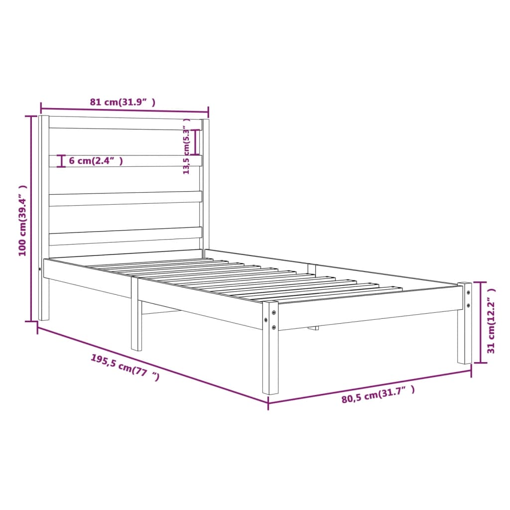 vidaXL Estrutura de cama pequena solteiro 75x190 cm madeira maciça