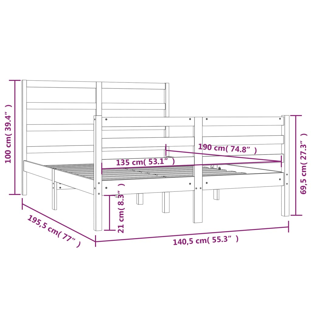 vidaXL Estrutura de cama casal 135x190 cm pinho maciço branco