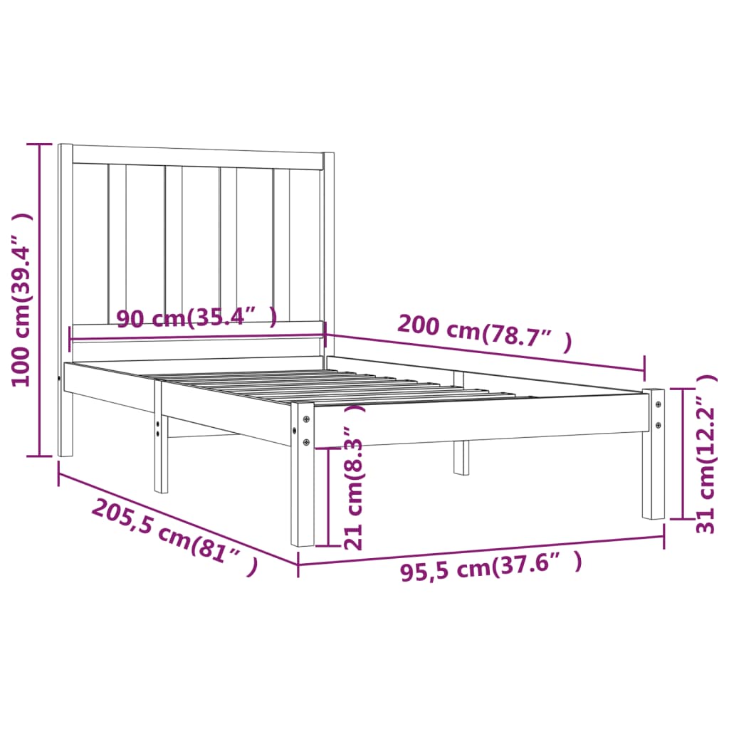 vidaXL Estrutura de cama 90x200 cm pinho maciço branco