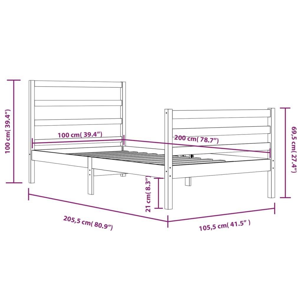 vidaXL Estrutura de cama 100x200 cm pinho maciço