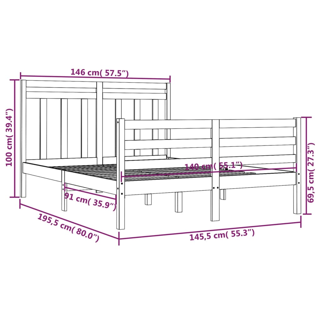 vidaXL Estrutura de cama 140x190 cm madeira maciça branco