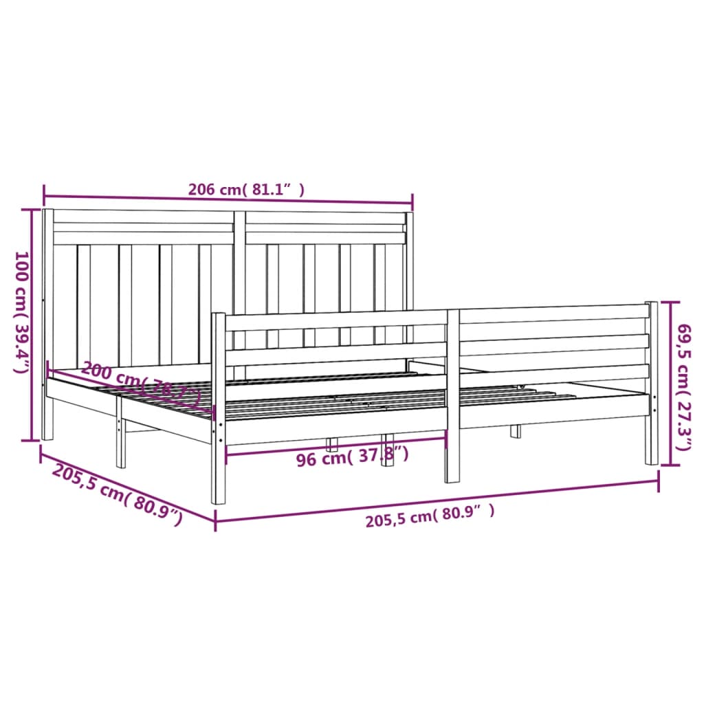 vidaXL Estrutura de cama 200x200 cm madeira maciça preto